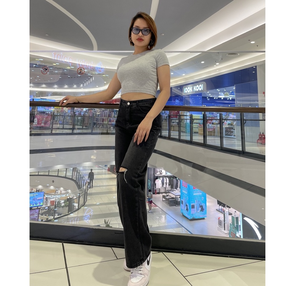 Quần jean dài nữ cao cấp ADO JEANS, quần dài ống rộng rách gối phong cách Ulzzang School có Bigsize