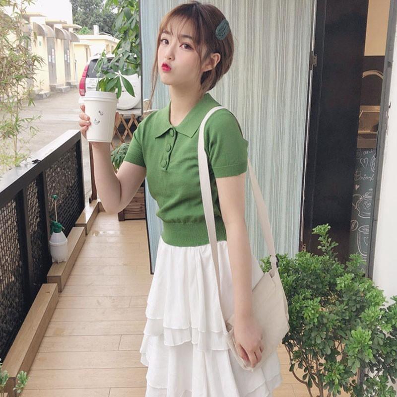 Áo thun polo nữ dệt kim tay ngắn màu kẹo ngọt | BigBuy360 - bigbuy360.vn