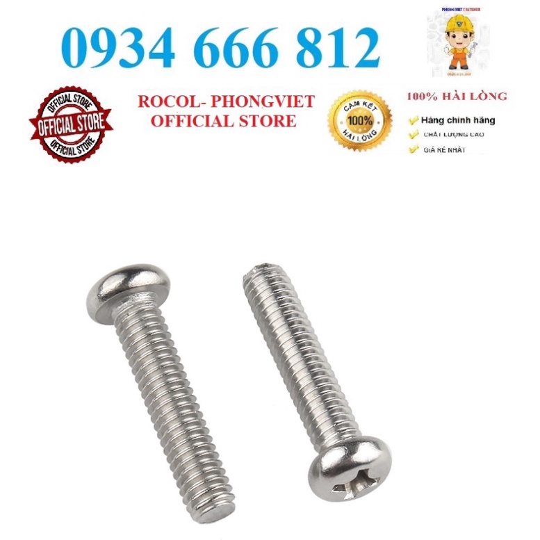 Set 50 cái M3-M6 Vít pake đầu tròn thân bulong inox304 M3, M4, M5, M6