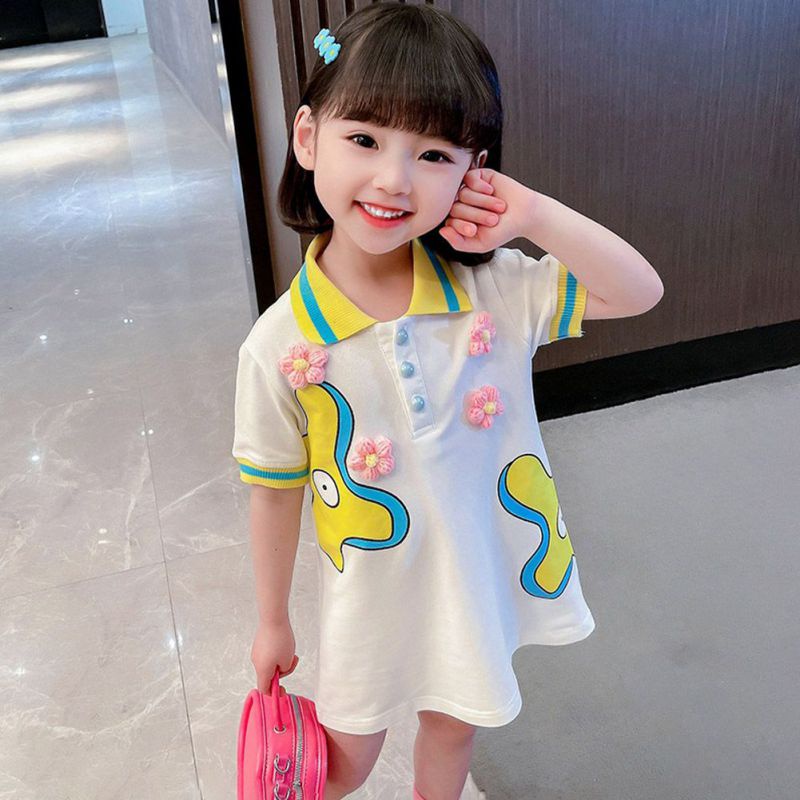 Đầm Thun Cổ POLO Dáng Rộng Họa Tiết Hoa Nhỏ Xinh Xắn Thời Trang Cho Bé Gái