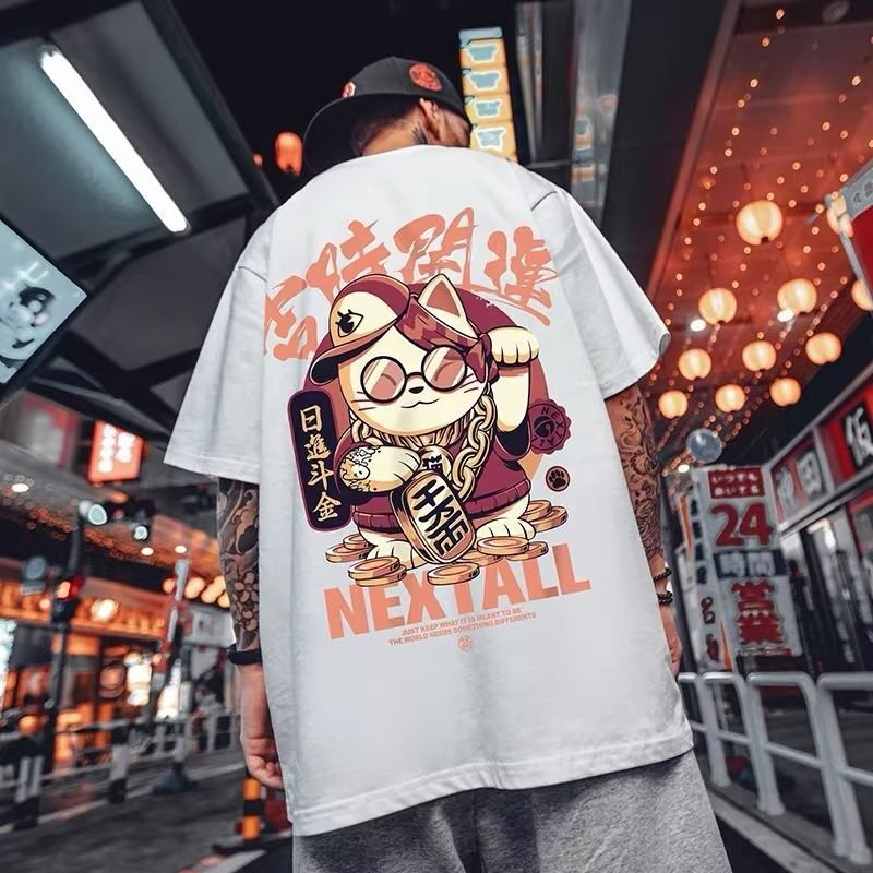 Áo Thun Tay Ngắn Cổ Tròn In Hình Mèo May Mắn Phong Cách Hàn Quốc Thời Trang Mùa Hè Cho Nam Và Nữ size M-8XL