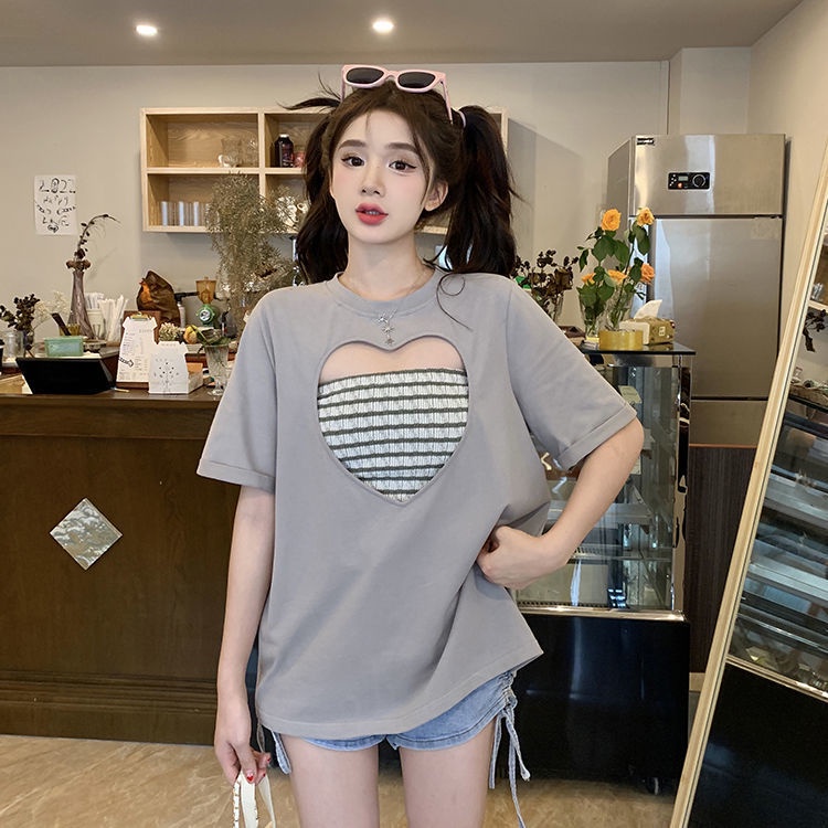 Áo Thun Tay Ngắn Dáng Rộng Họa Tiết Hình Trái Tim Phong Cách Hàn Quốc Thời Trang Mùa Hè Cho Nữ