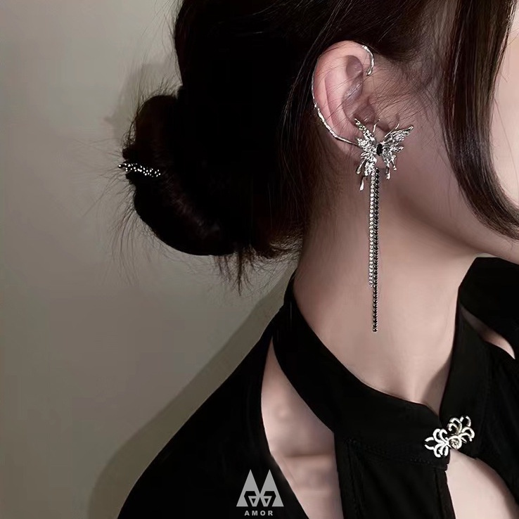 Khuyên Tai Kẹp Vành Tai Hình Bướm Đính Đá Kim Cương Đa Năng Cảm Giác Tối Giản Cho Nữ