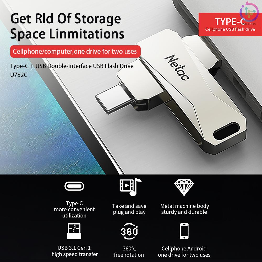 Netac U782C 64GB Type-C + USB Double Interface Flash Drive Plug &amp; Play Mobile Phone Memory Expansion U Disk Silver