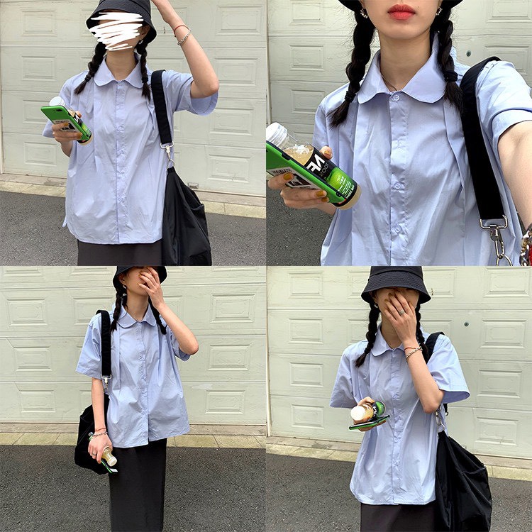 Áo sơ mi cộc tay học sinh babydoll cổ sen dáng rộng xòe. Áo sơ mi nữ ngắn tay babydoll form rộng xòe xếp ly sau lưng