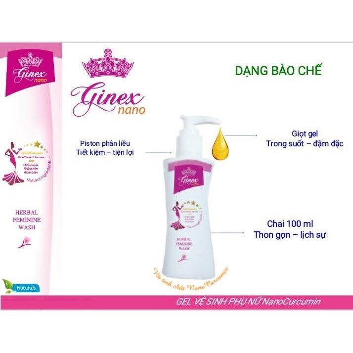 Gel Vệ Sinh Phụ Nữ Ginex Nano (Chai 100ml) - Chứa Tinh Chất Nghệ Giúp Ngăn Ngừa Viêm - Victory Pharmacy