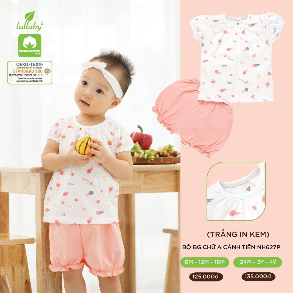 (Rẻ nhất shopee) Bộ bé gái chữ cánh tiên Lullaby chất cotton cao cấp siêu dễ thương (6 tháng -> 4 tuổi,Màu trắng in kem)