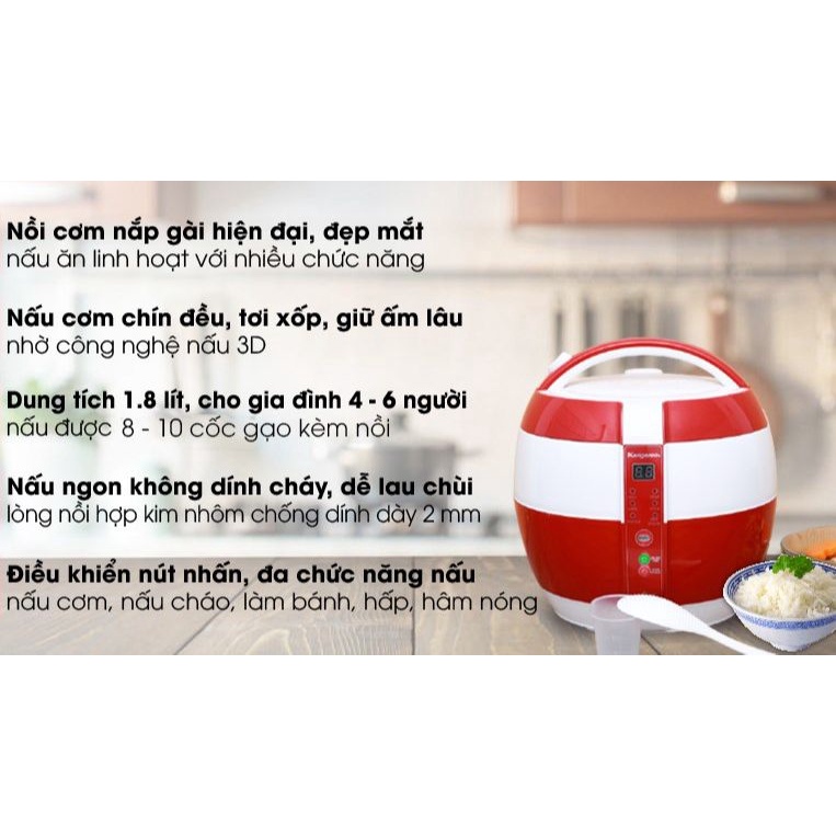 Nồi cơm điện Kangaroo 1.8 lít KG835 Mới 100% -Số người ăn 4 - 6 người -Công suất 700 W