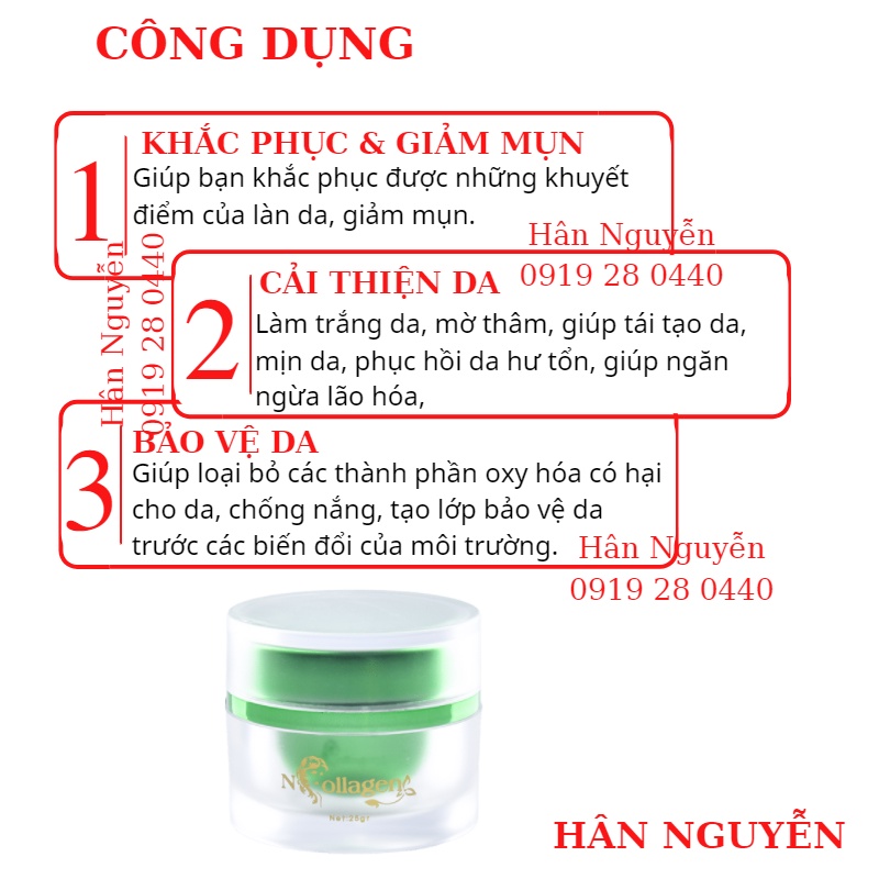 Kem trà xanh - Kem trắng da giảm mụn mờ thâm nám NCOLLAGEN HÂN NGUYỄN 25g KTX01