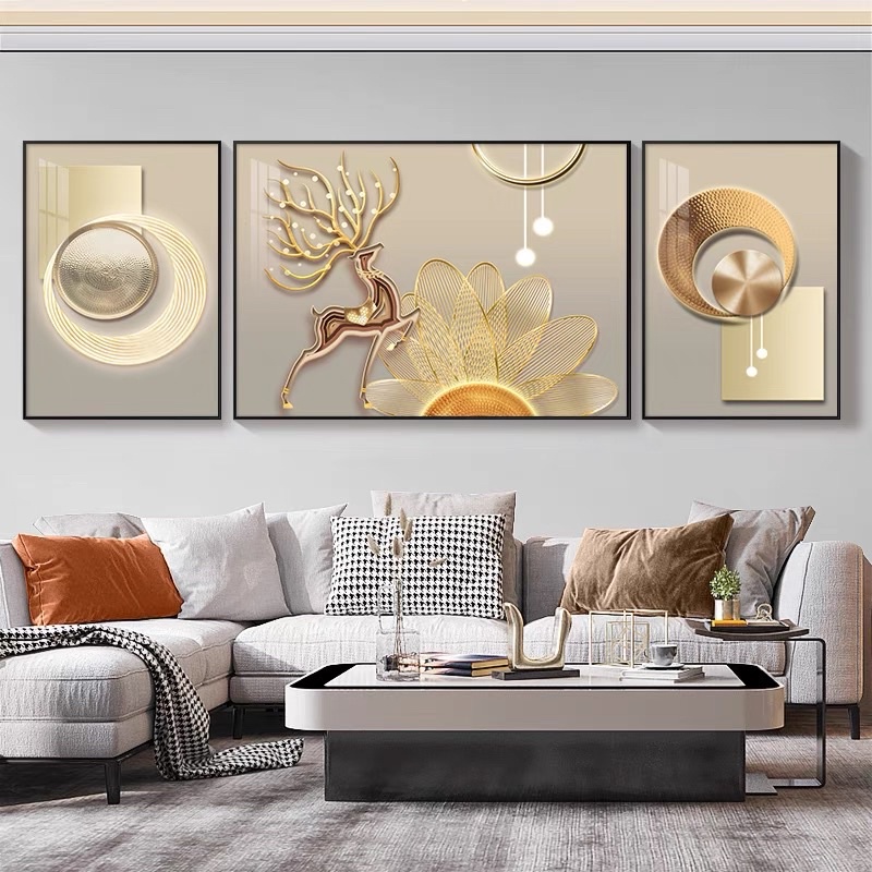 Bộ 3 Tranh Treo Tường Tráng gương Phòng Khách/ Ngủ/ Phòng ăn/ Nhà Nghỉ Hươu Nai Lông Vũ hiện đại