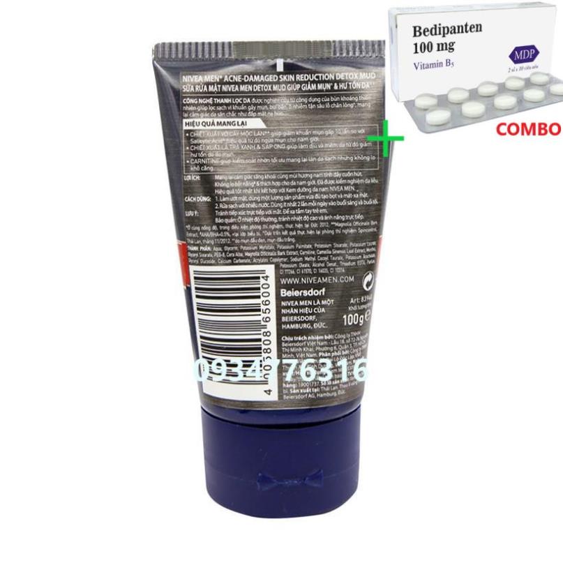 Combo Bedipanten 100mg +  ✅ Sữa rửa mặt bùn khoáng Nivea Men kiểm soát nhờn &amp; ngừa mụn (100g)