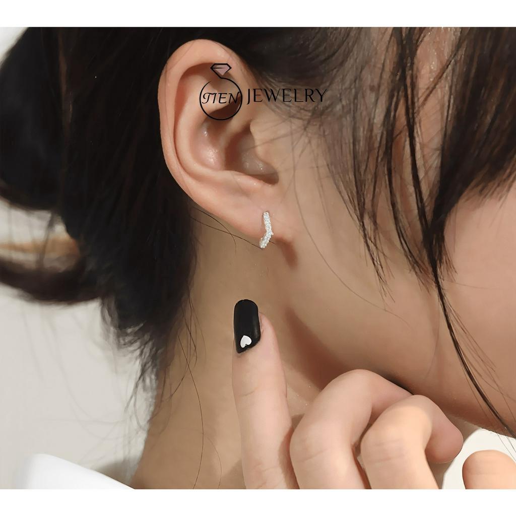 Khuyên tai bạc s925 nữ chữ V đính đá sang trọng, bông tai bạc ý phong cách nữ tính - Tien Jewelry