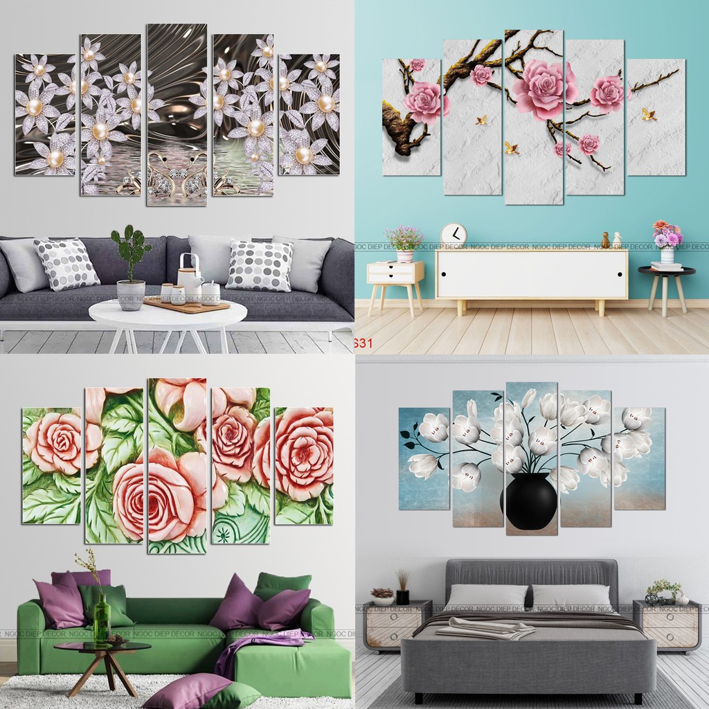 Bộ tranh 5 tấm decor phòng khách sang trọng, tranh dán tường có sẵn băng keo