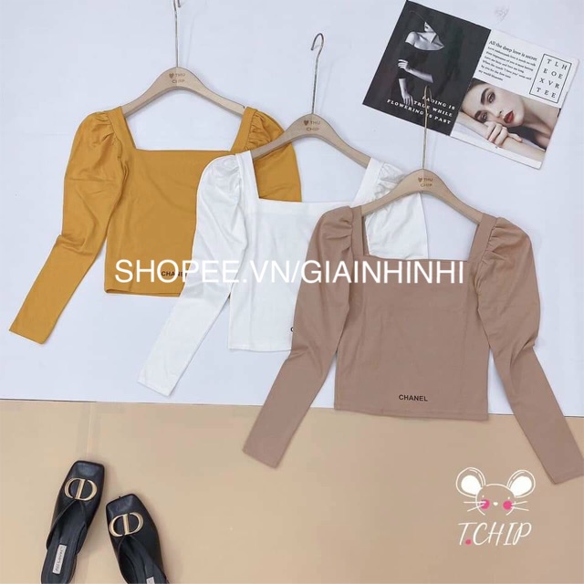 Áo phông thêu chữ CN, Áo thun cổ vuông bồng vai tay dài CS1167 - NhiNhiShop | BigBuy360 - bigbuy360.vn