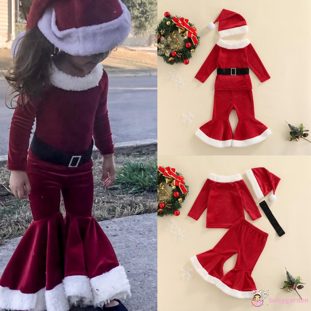 Bộ áo tay dài kèm quần ống loe và nón ông già Noel cho bé gái