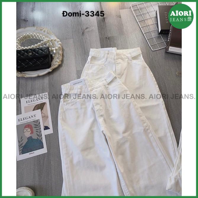 Quần Jeans Nữ Ống Rộng Aiori Cạp Cao Lưng Kiểu Khoét Eo Màu Trắng_Mã 3345