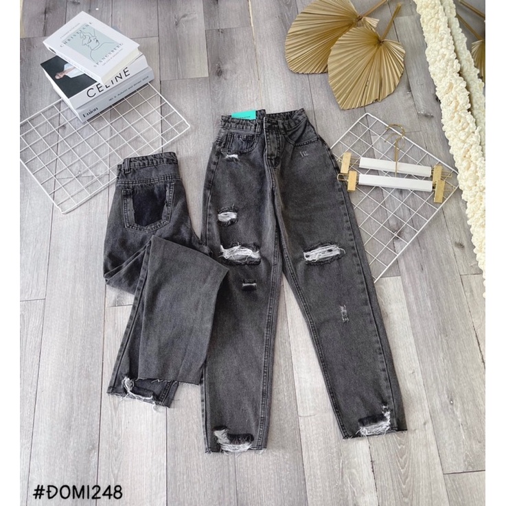 Quần bò baggy màu xanh khoét túi sau rách gối 2 bên xả lai cực chất  ảnh thật Lê Huy fashion Ms 1252