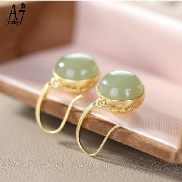 Bông Tai Mạ Bạc 925 Hình Tròn Đính Đá Ngọc Bích Màu Xám Thanh Lịch