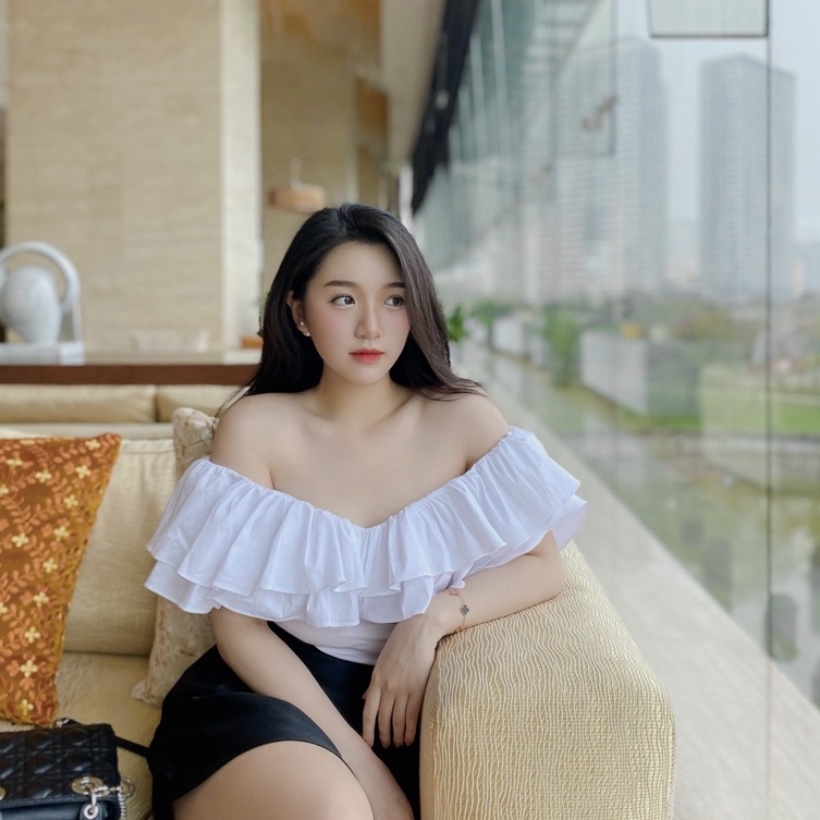 Áo kiểu trễ vai bèo nhún hàng thiết kế Ganni Top by KHALES
