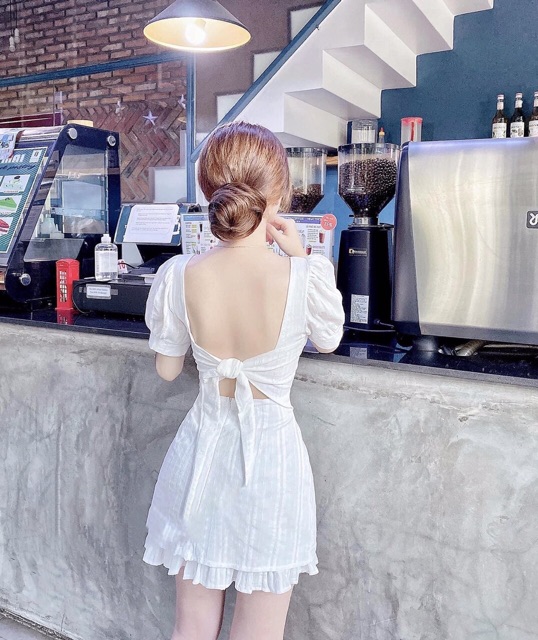 Đầm cổ vuông thắt nơ lưng_JuMe Fashion