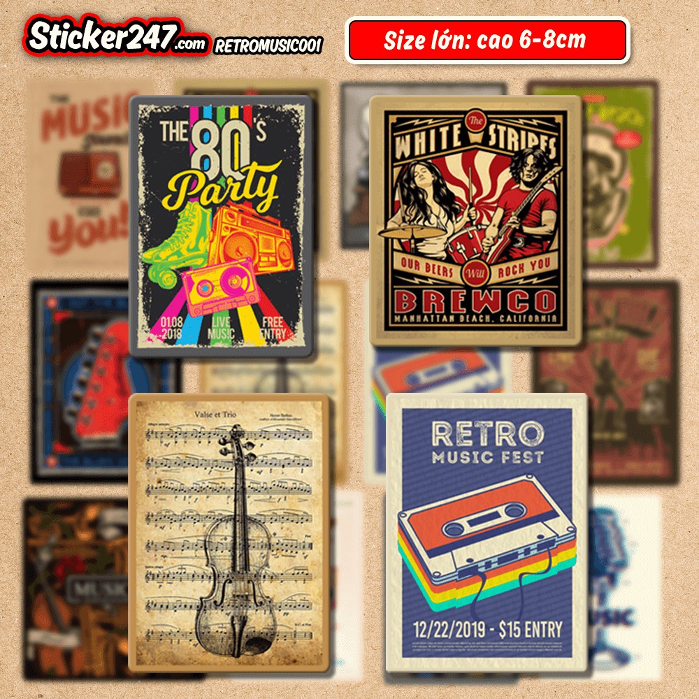 Sticker Vintage Retro Chủ đề Music 🌈𝑭𝒓𝒆𝒆𝒔𝒉𝒊𝒑 chống nước, sticker dán laptop, ipad, điện thoại, đàn guitar, mũ bảo hiểm