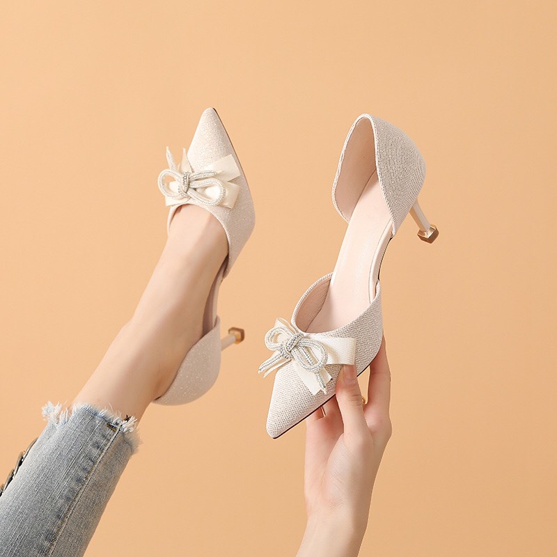 GIÀY CAO GÓT NỮ BEESHOES MŨI NHỌN - GIÀY CAO GÓT NỮ GÓT NHỌN CAO 7 PHÂN SẴN MÀU KEM - ĐEN 220556