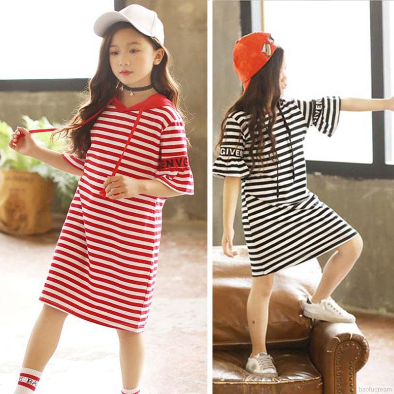 Đầm Thun Có Nón Tay Ngắn Bằng Cotton Cho Bé Gái 4-15 Tuổi