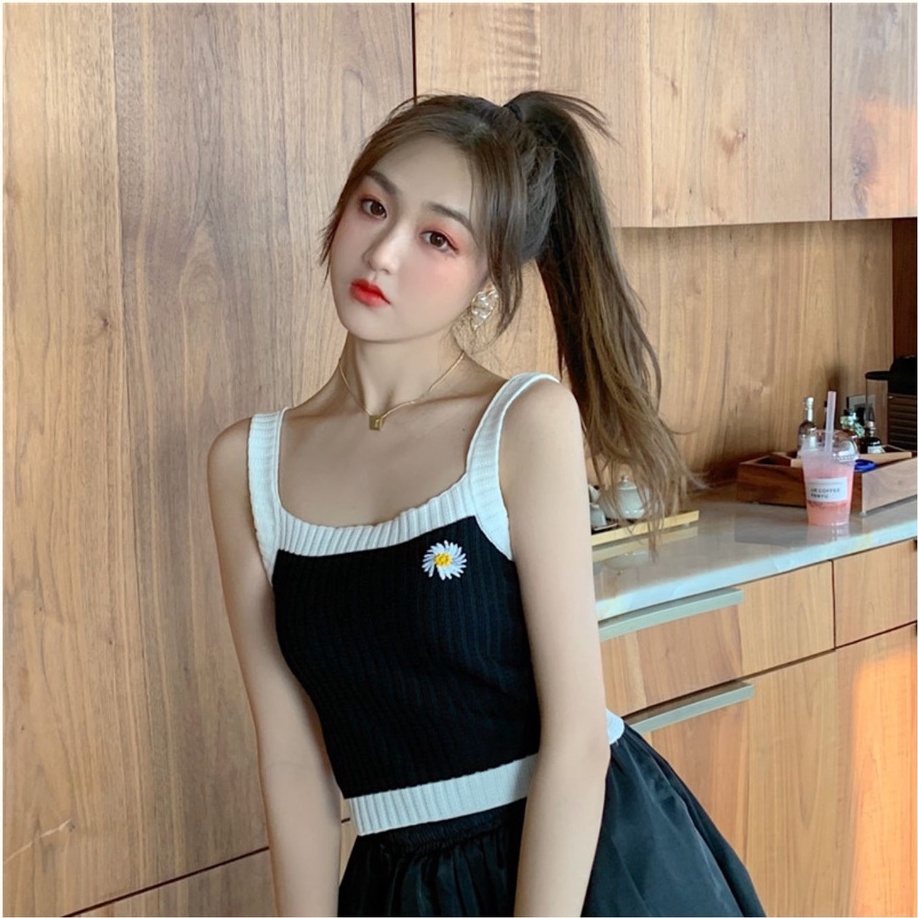 Áo hai dây ZHELIHANGFEI dệt kim tay dài thêu họa tiết phong cách Hàn Quốc thời trang mùa hè dành cho nữ