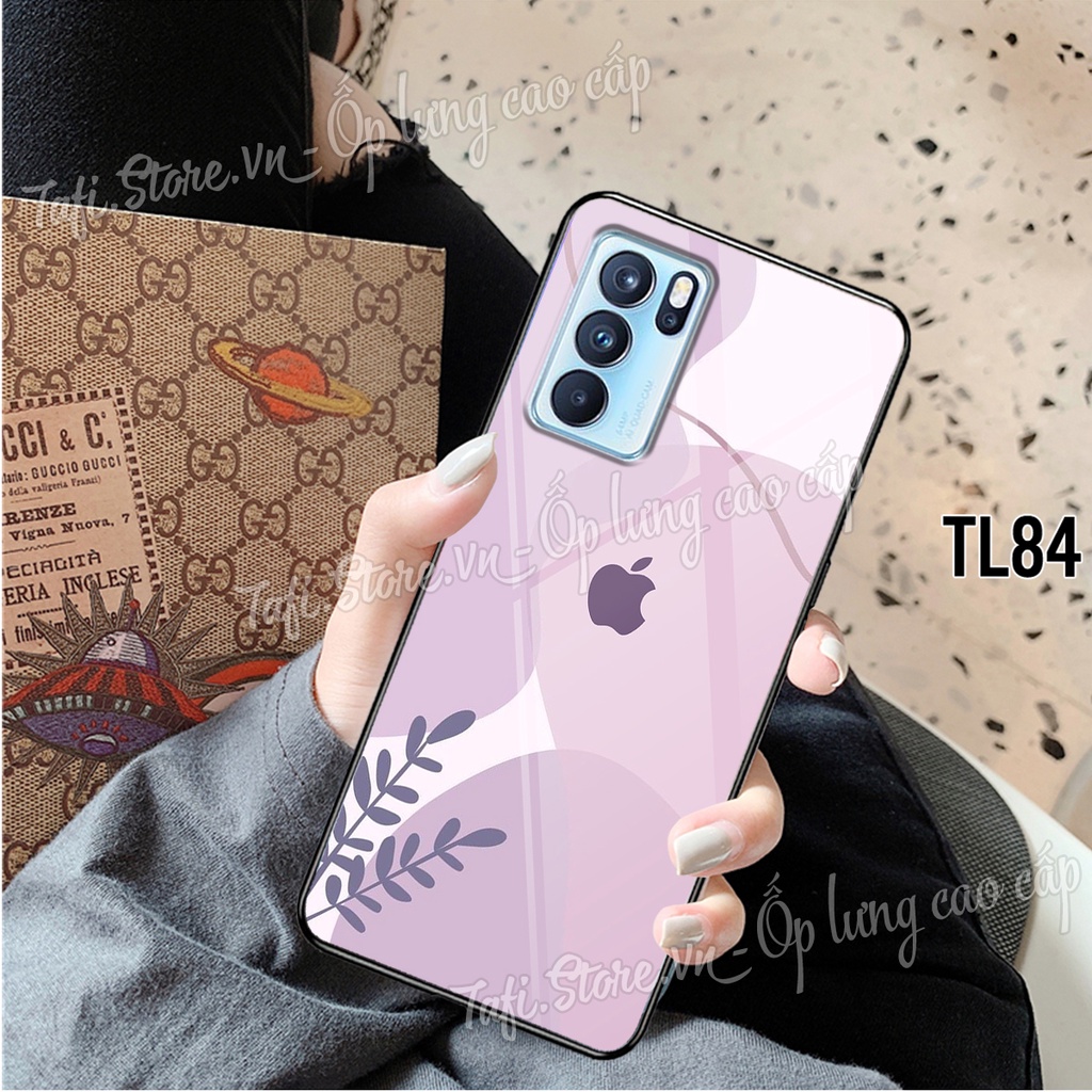 Ốp lưng Kính tráng gương Oppo Reno 6 - Reno 6Z viền dẻo hình lá phong, logo iphone đơn giản, cao cấp cho mọi lứa tuổi.