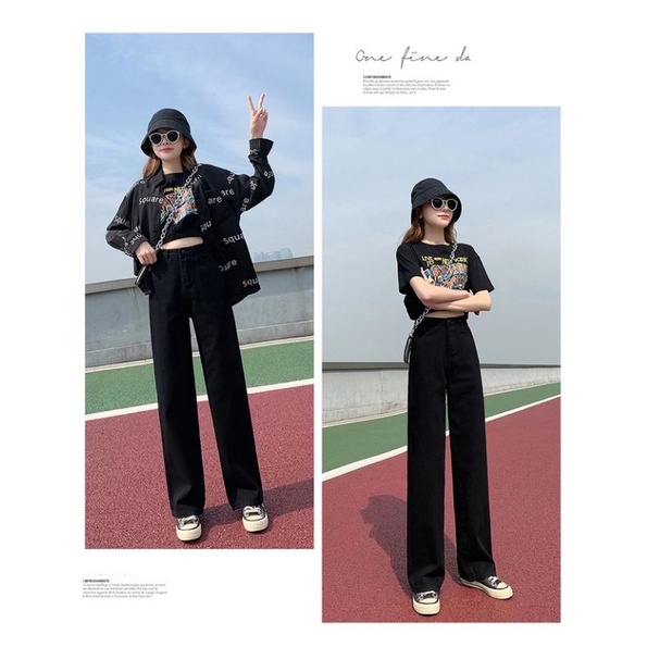 Quần bò ống rộng nữ đen cạp cao Pink Apricot Shop | BigBuy360 - bigbuy360.vn