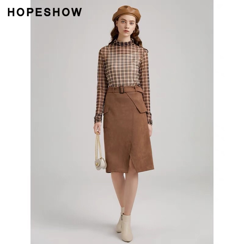 Chân váy da lộn nâu Hopeshow