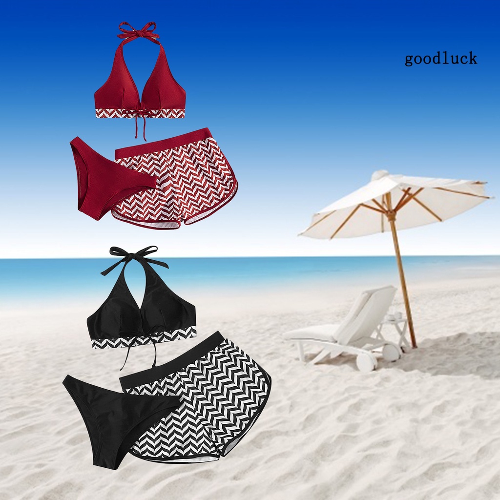 Bộ Đồ Bơi 3 Mảnh Quần Short Lưng Thun Phối Dây Cột Thời Trang Quyến Rũ Cho Nữ