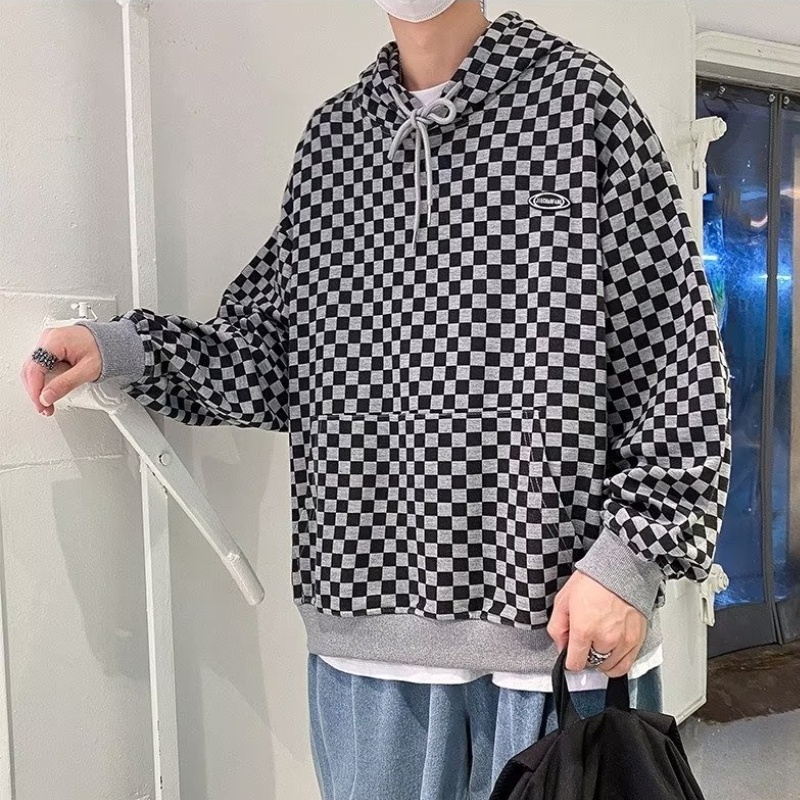 Áo hoodie bàn cờ tay dài dáng rộng lưới đen trắng họa tiết phong cách hàn quốc thời trang cho nam nữ thời trang áo pull bigsize unisex