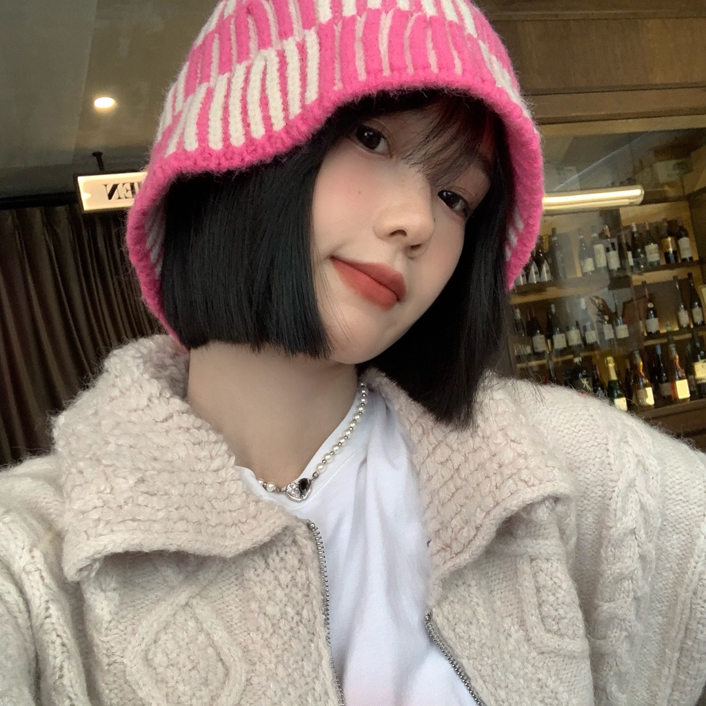 Mũ Bucket Len Dệt Kim Sọc Ca Rô Thời Trang Thu Đông Phong Cách Nhật Bản Dành Cho Nữ