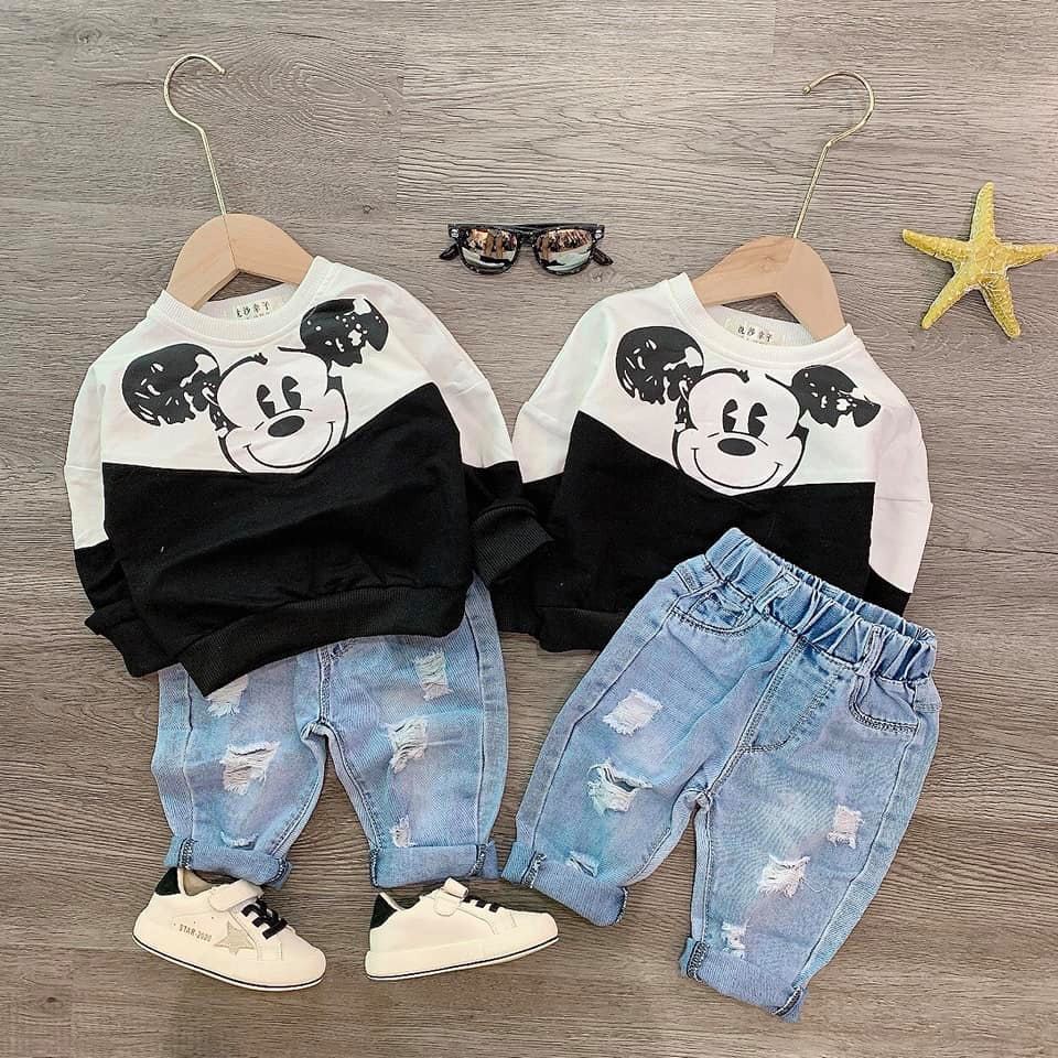 Bộ bé trai ❤️FREESHIP❤️Sét Áo Mickey Đen Trắng +Quần Bò Bé Trai