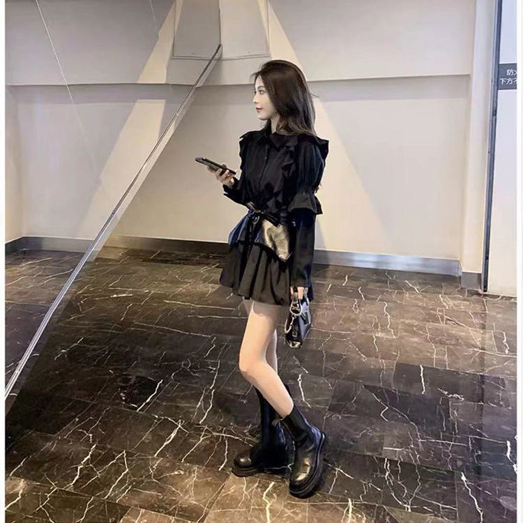 Bộ đồ 2 món gồm đầm sơ mi + thắt lưng ôm eo thời trang retro mùa đông cho nữ