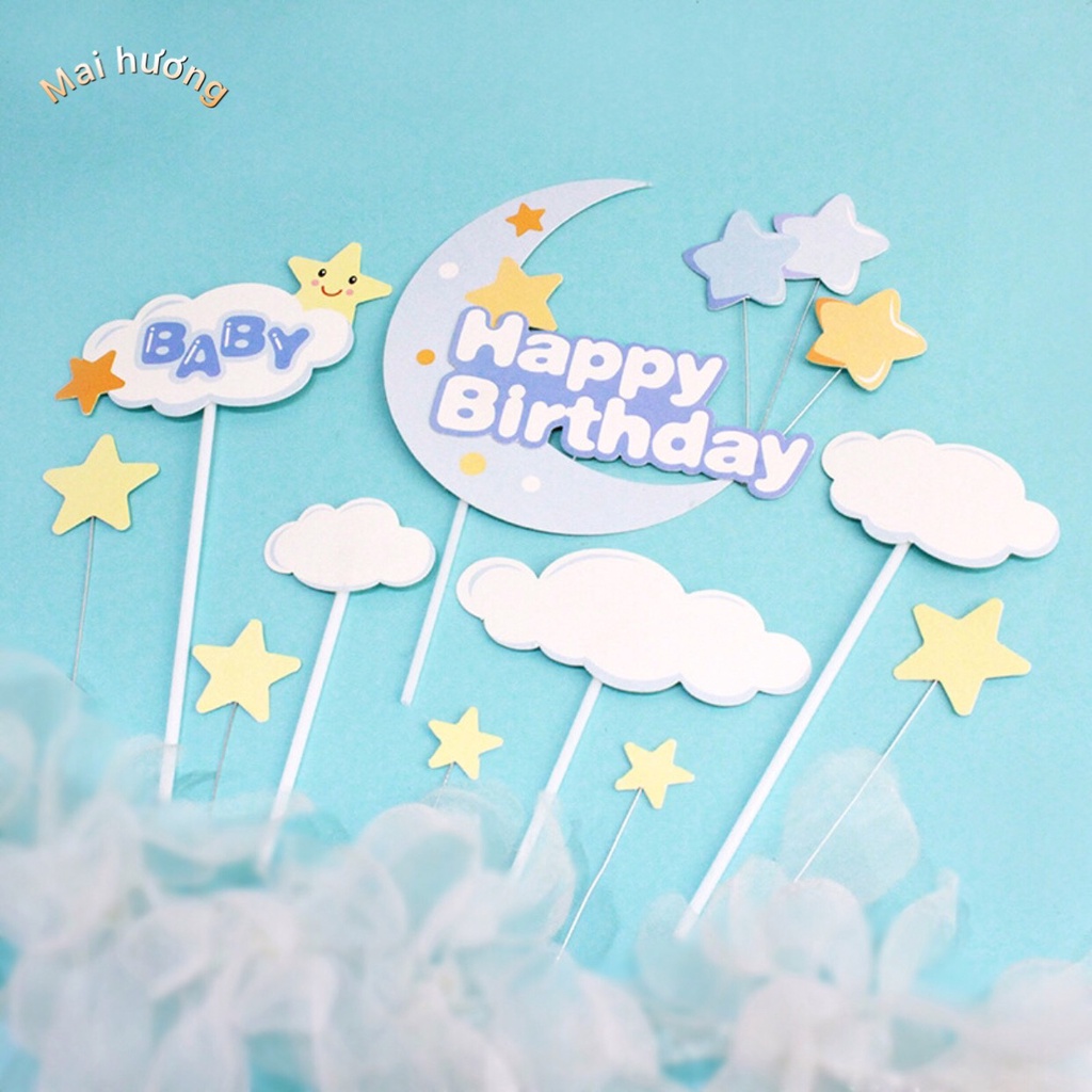 Trang trí bánh sinh nhật - sét thẻ 1 tuổi và trăng sao mây ba by cao cấp loại 1 trang trí bánh