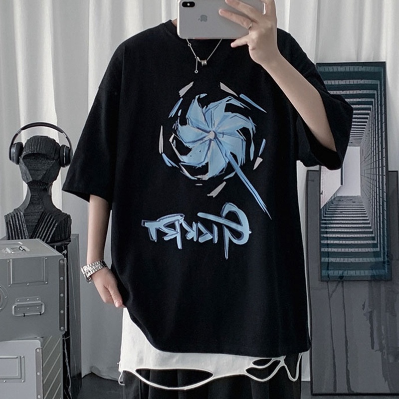 Áo thun tay ngắn dáng rộng chất liệu cotton phong cách Harajuku Hồng Kông thời trang mùa hè cho nam