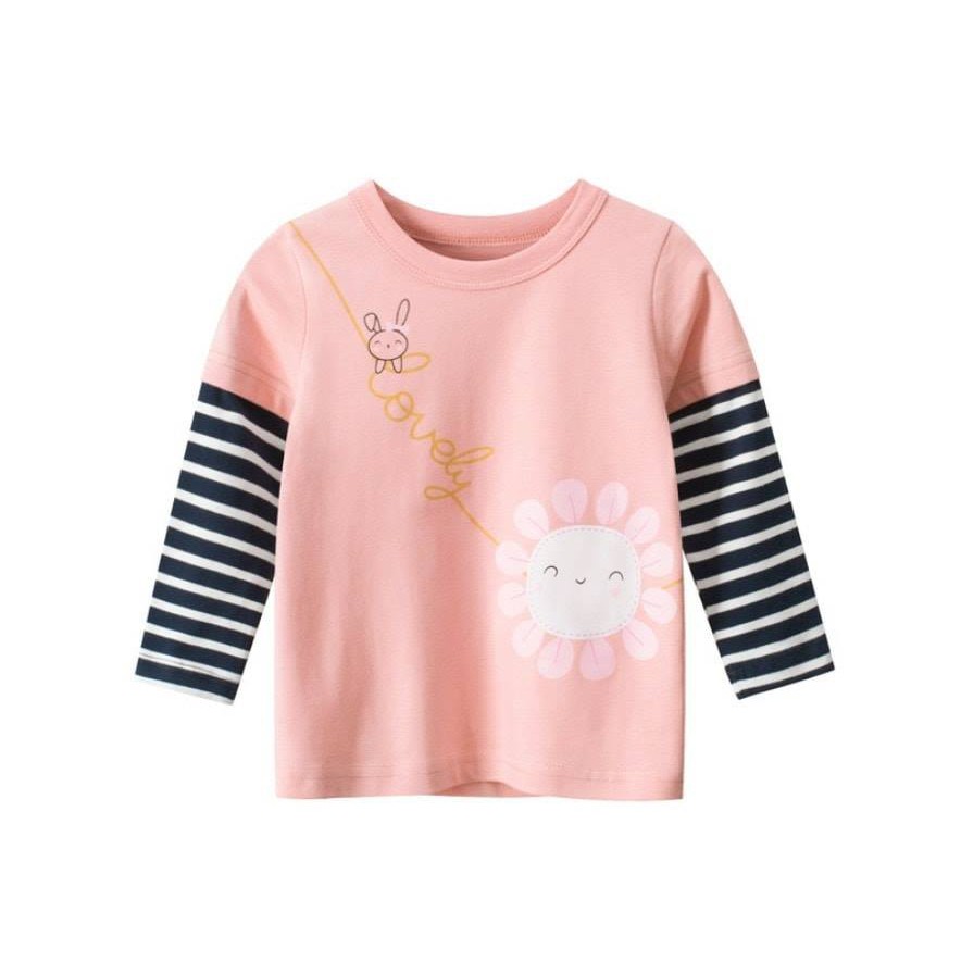 Áo tay dài bé gái  in hình cute tay ghép sọc chất liệu cotton hàng chuẩn xuất chất lượng