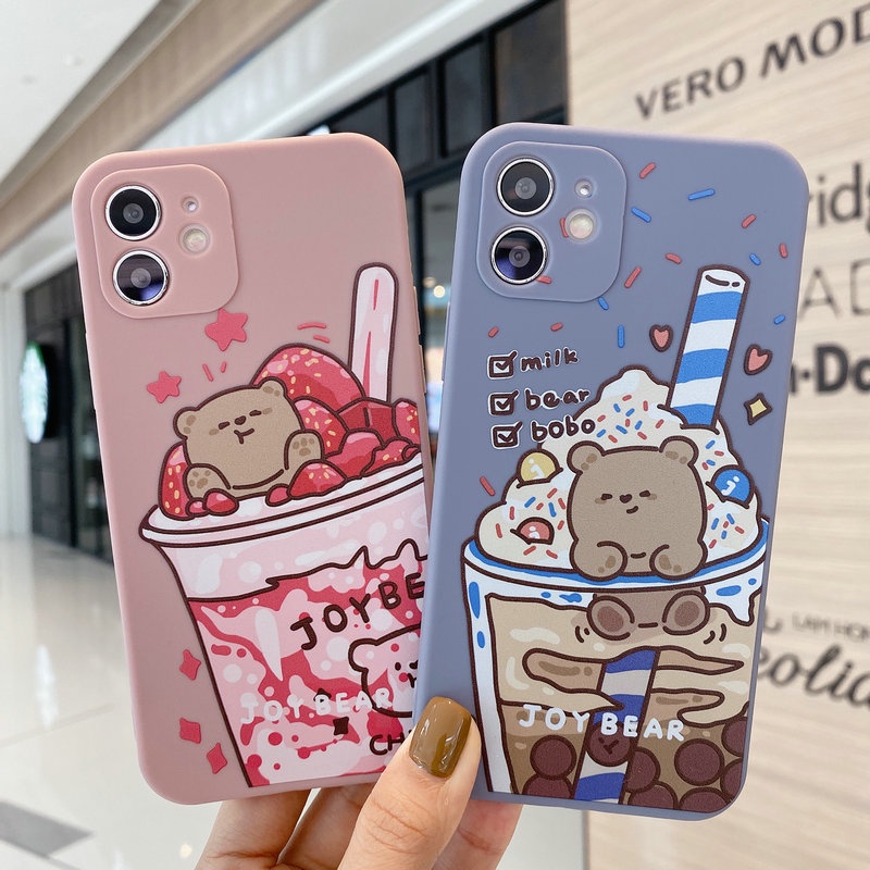 Vỏ điện thoại TPU mềm Motif Dâu và Gấu Kem for OPPO A74 A94 A54 A15 A15S A93 A53 A33 A52 A92 A31 A91 A5 A9 2020 F11 F9 A7 A5S A12 A11K AX7 A3S A12e F1S F5 Youth A83 A39 A57 Reno 5F 4F 3 4Z 5G