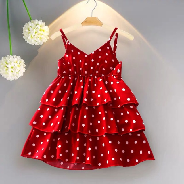 Váy đỏ chấm bi 3 tầng cho bé hàng QC