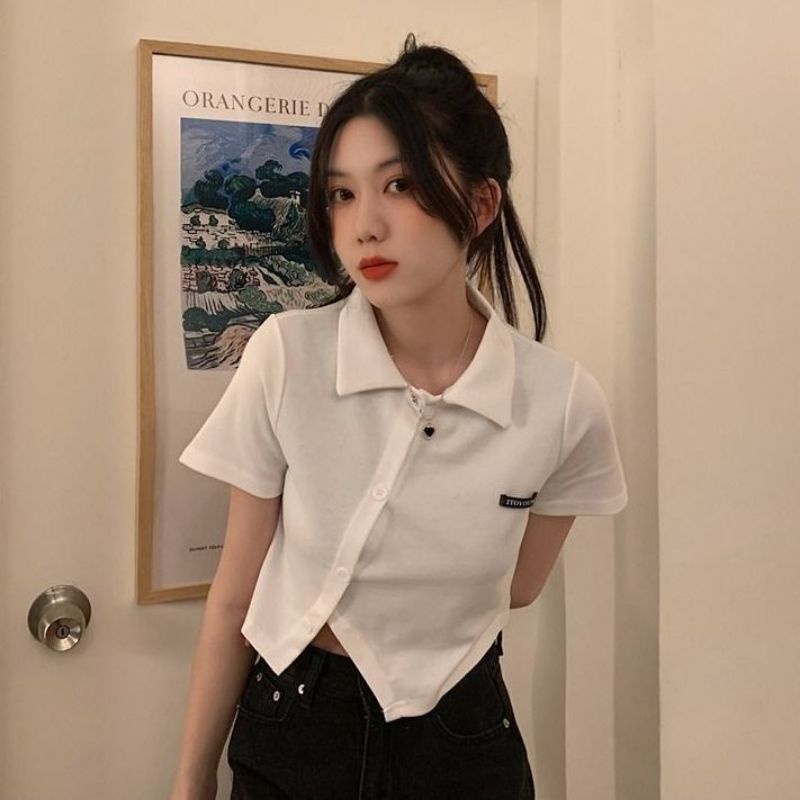 Áo Thun Nữ Tay Ngắn Có Cổ Viền Cúc Đan Chéo