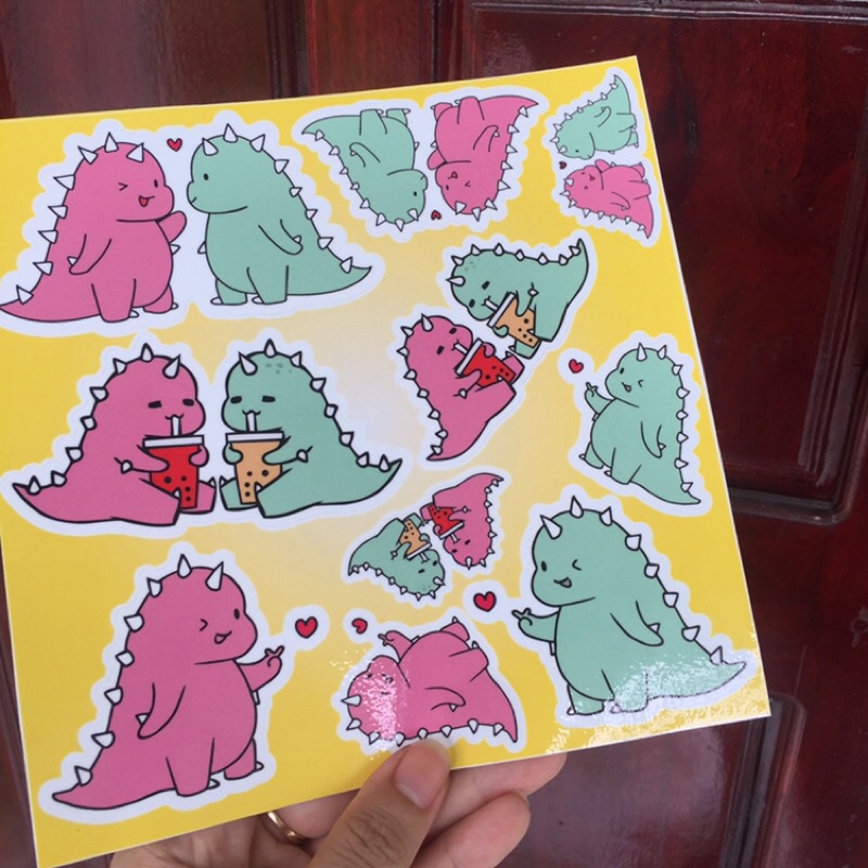 Hình dán khủng long cute. Decal sticker dán nón bảo hiểm, điện thoại, xe đạp, xe máy. Logo dễ thương