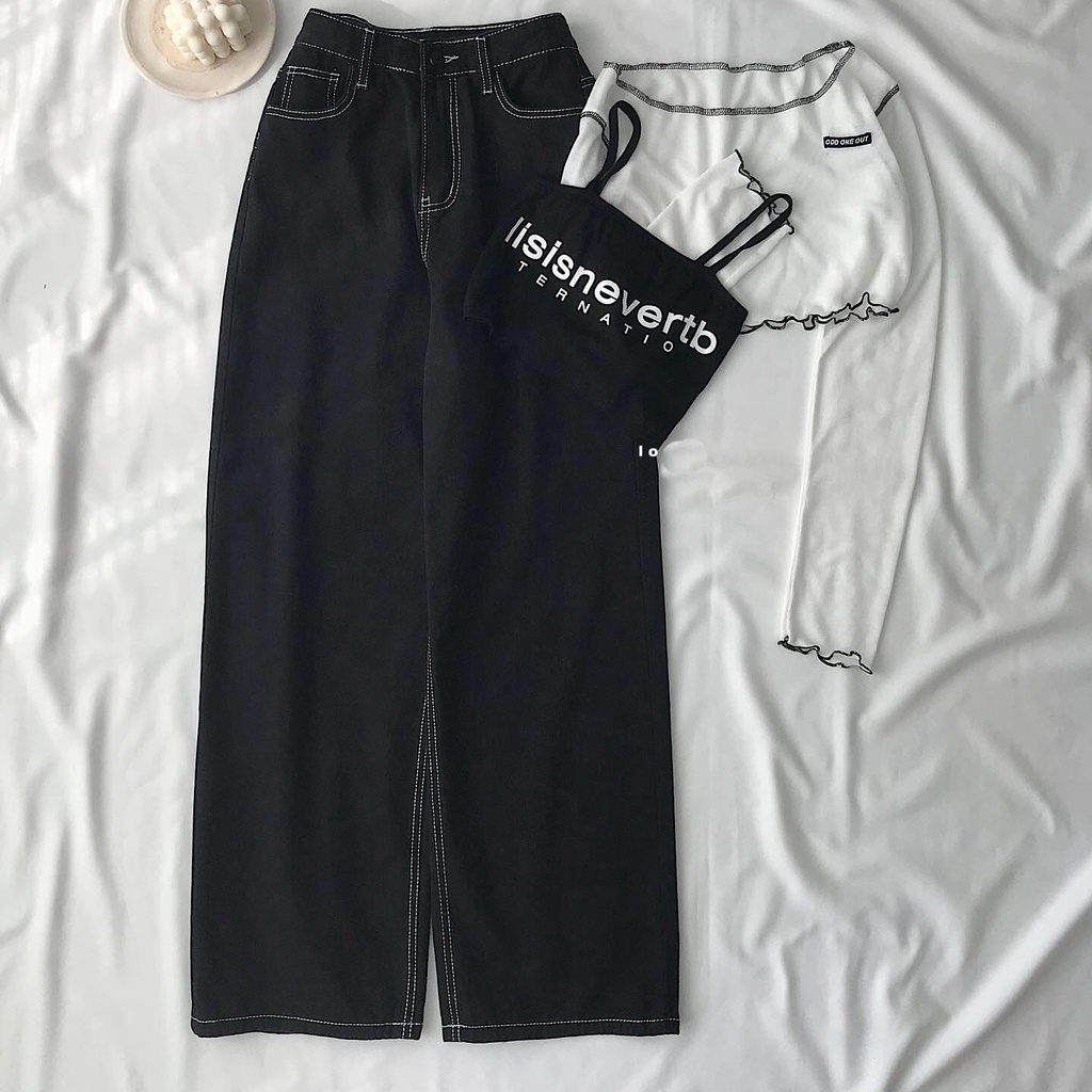 [ HỚN HỞ ] QUẦN JEANS ỐNG RỘNG NỮ LƯNG CAO LAI CUỐN MÀU ĐEN CHỈ NỔI FORM DÀY DẶN MỀM MỊN CAO CẤP NITI PHONG CÁCH NỔI BẬT