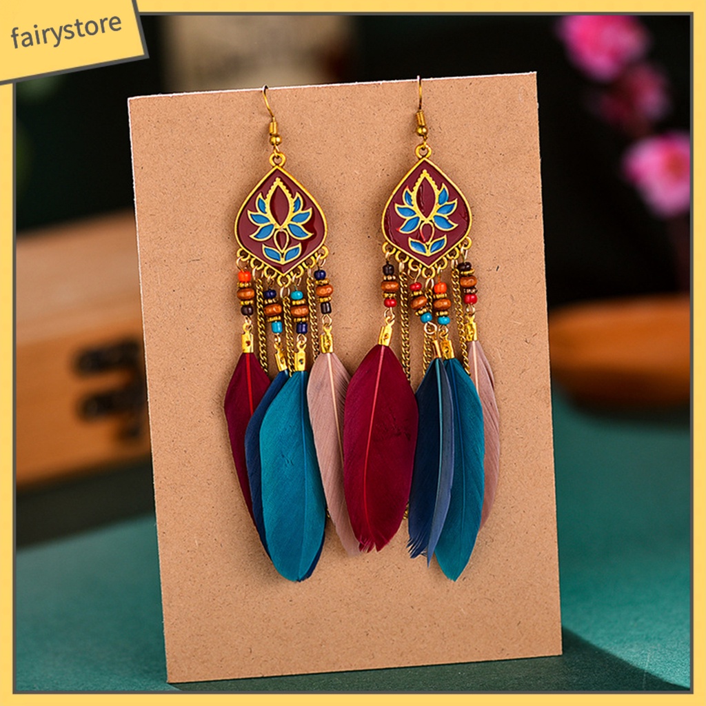 Khuyên Tai Dáng Dài Phối Lông Vũ Phong Cách Bohomian