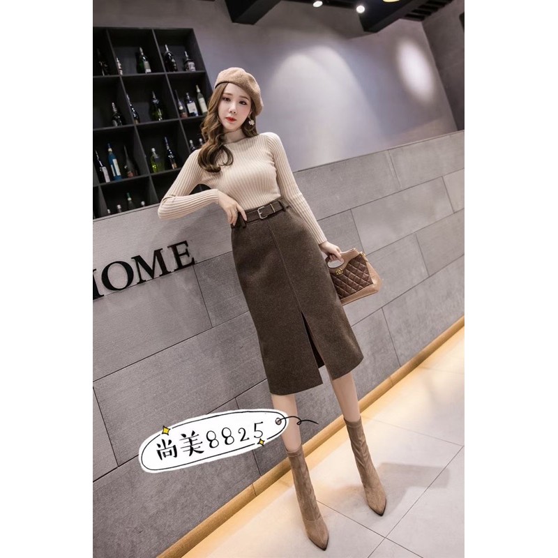 Chân váy dạ xẻ trước kèm đai dáng dài qua gối, Chân váy dáng dài kèm đai CV1765 - NhiNhiShop | BigBuy360 - bigbuy360.vn