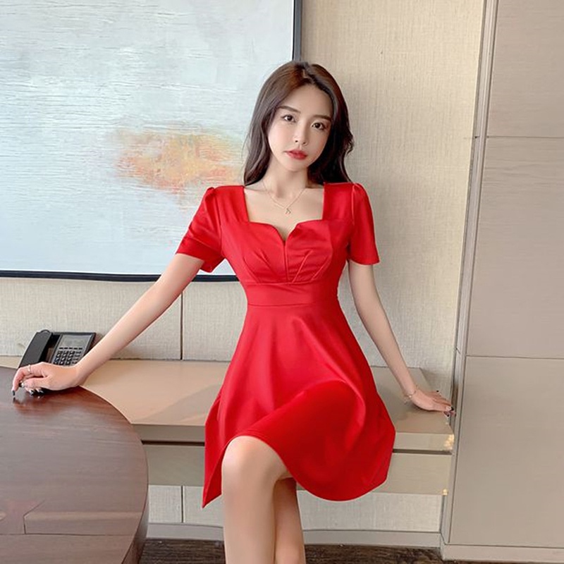 Đầm IELGY dáng chữ A tay ngắn màu trơn phong cách Pháp thời trang cho nữ