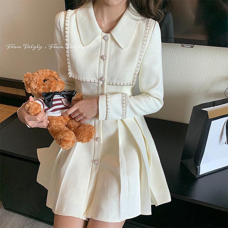 Đầm Váy của phụ nữ Váy Midi Mùa xuân mùa thu dài tay màu trắng Trang phục giản dị thanh lịch 2022