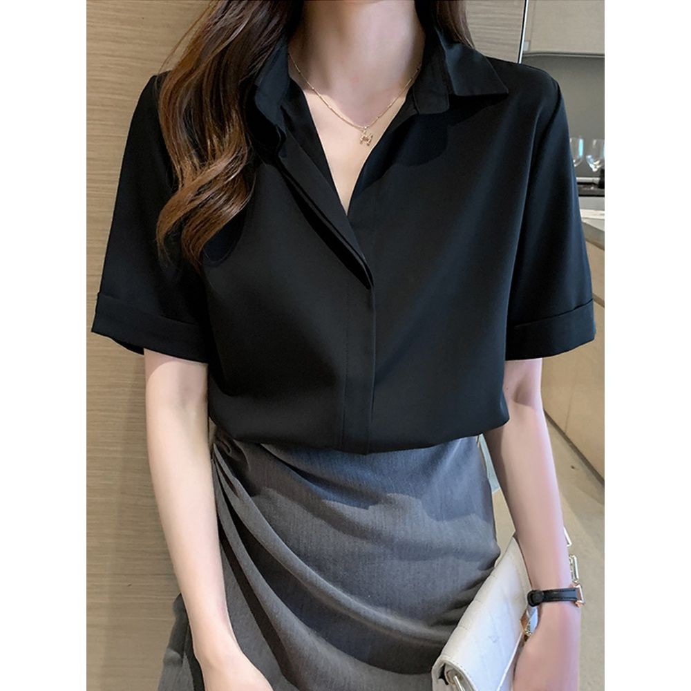 Áo Sơ Mi Chiffon Mỏng Tay Ngắn Màu Đen Thời Trang Mùa Hè Cho Nữ