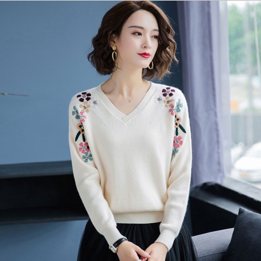 [Ảnh Thật + Sẵn Hàng] Áo len nữ thêu hoa duyên dáng AL-203i